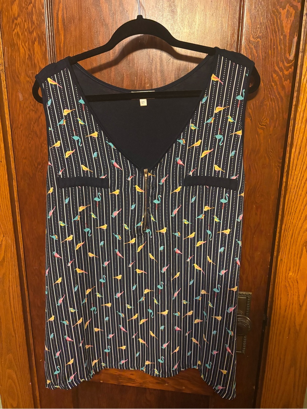 Lavish Navy Sleeveless V-Neck Tunic with Multicolor Bird Print